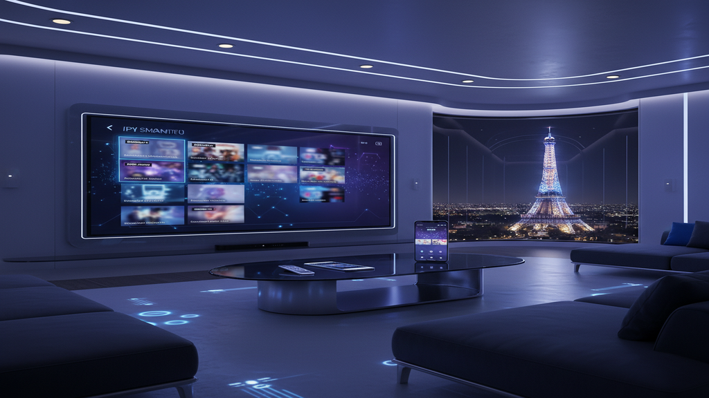 Écran de télévision affichant une interface pour un abonnement IPTV France 2025.