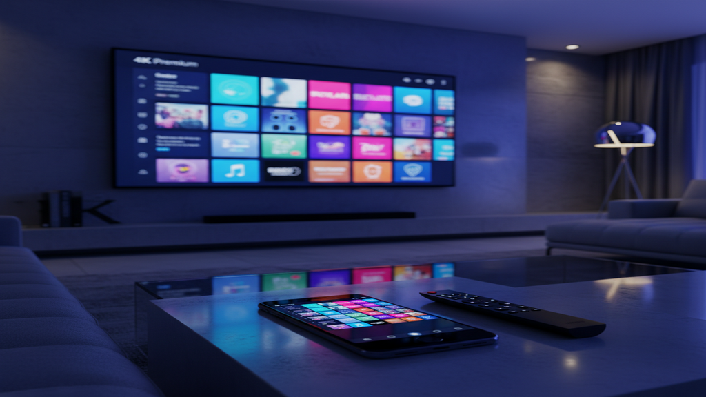 Un écran de Smart TV affichant une mosaïque de chaînes illustrant les abonnements IPTV premium disponibles