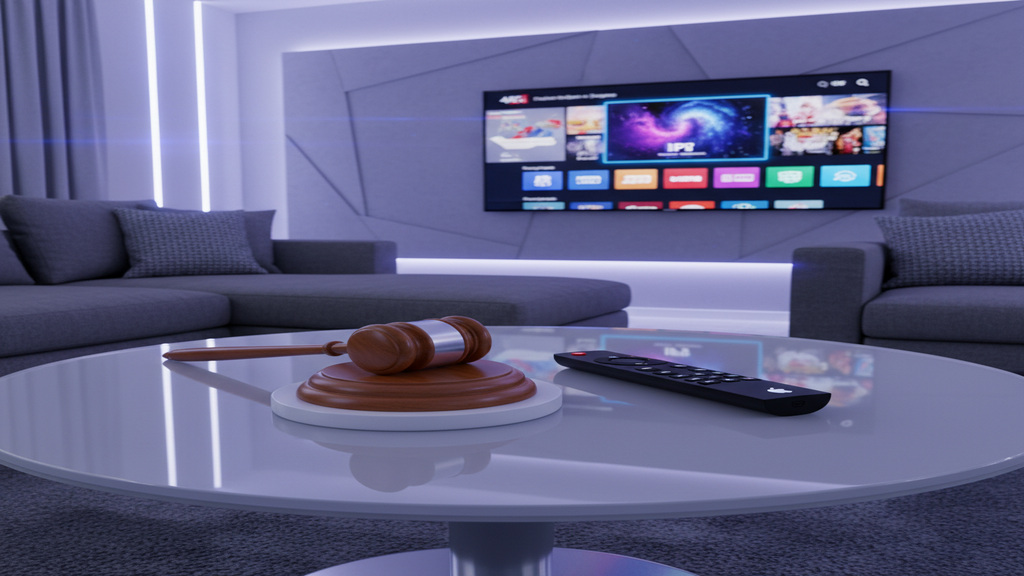 Illustration sur la légalité de l'IPTV avec un marteau de juge et un écran de télévision