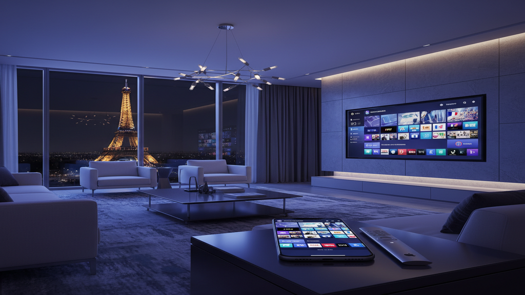 Un écran de Smart TV affichant une interface pour choisir le meilleur abonnement IPTV en France.