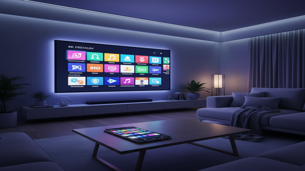 Personne utilisant une télécommande pour naviguer sur une application IPTV sur sa Smart TV.