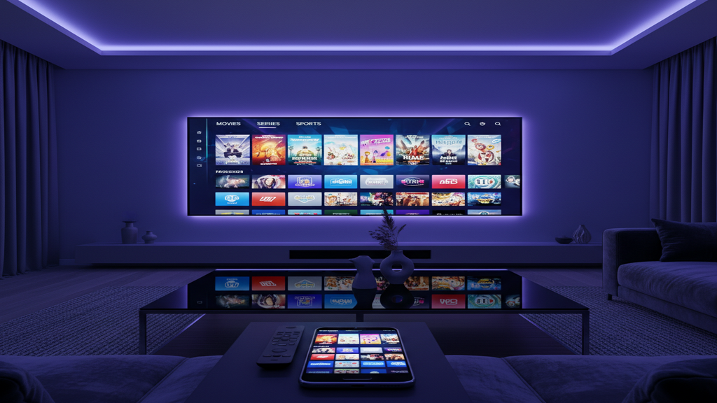 Un écran de Smart TV affichant une mosaïque de chaînes, illustrant le concept de premium IPTV