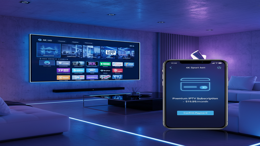 Calculatrice affichant le prix d'un abonnement IPTV sur un fond de chaînes TV