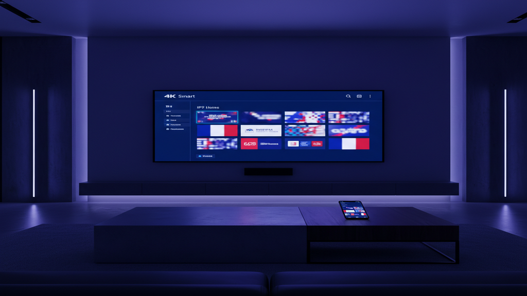 Un utilisateur naviguant sur une interface de service IPTV proposant des chaînes françaises en direct sur une Smart TV.