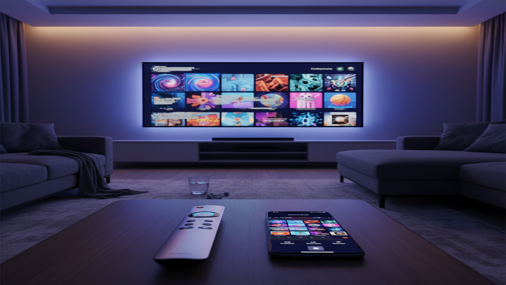 Un salon moderne avec une Smart TV affichant une interface IPTV pour un abonnement